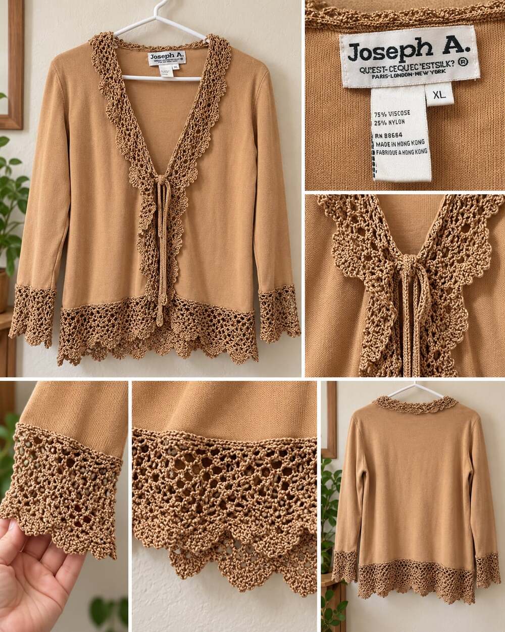 Joseph A. Cardigan Size XL Camel Brown Crochet Trim Open Front Sweater